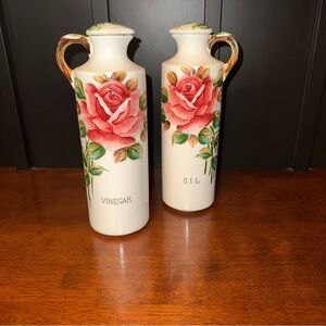 Vintage Lefton Americana Rose Oil & Vinegar Cruet Set Hand Painted Rare HTF READ